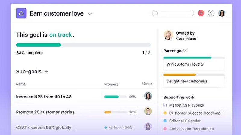 Asana Goals and OKRs feature - track company KPIs