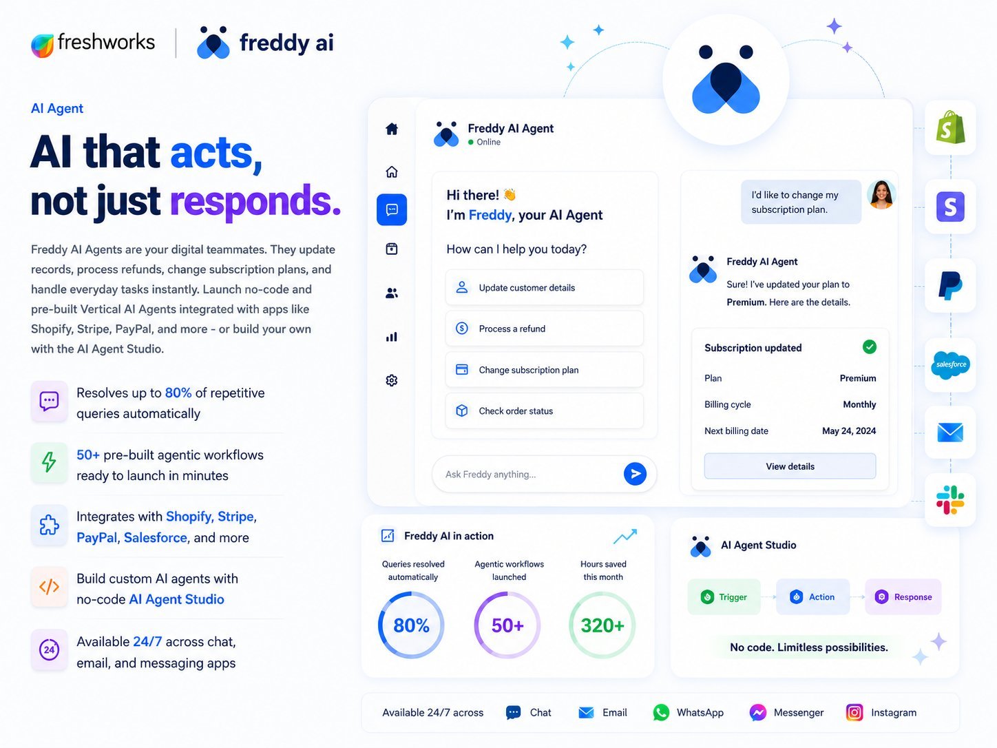 Freddy AI Agent interface showing automated workflows, subscription updates, and integrations with Shopify, Stripe, PayPal and Salesforce