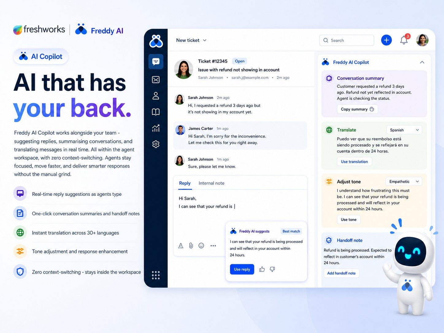 Freddy AI Copilot inside the Freshworks agent workspace showing real-time reply suggestions, conversation summaries, and translation features