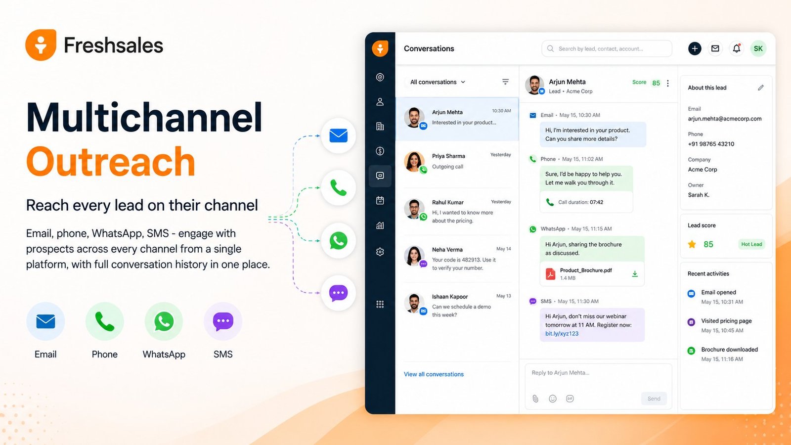 Freshsales multichannel outreach - engage leads via email, phone, WhatsApp and SMS from one platform